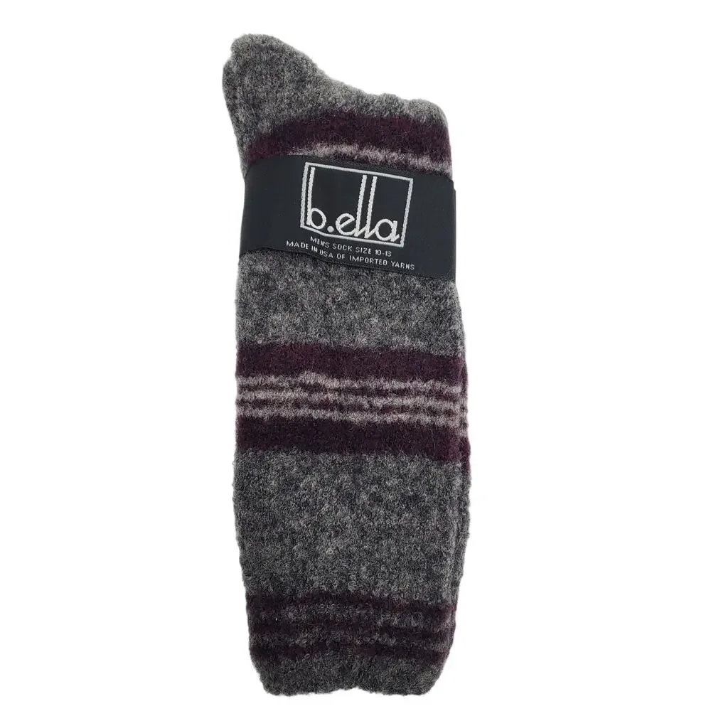 Extra Fine Merino Wool Crew Socks Mens Soft Grey Plum Stripe NWT B.ella L 10-13